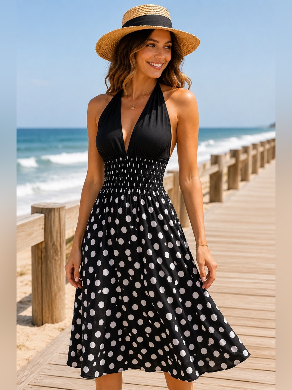 Black White Polka Dot Halter Dress Smocked Waist Fit Flare Pinup S